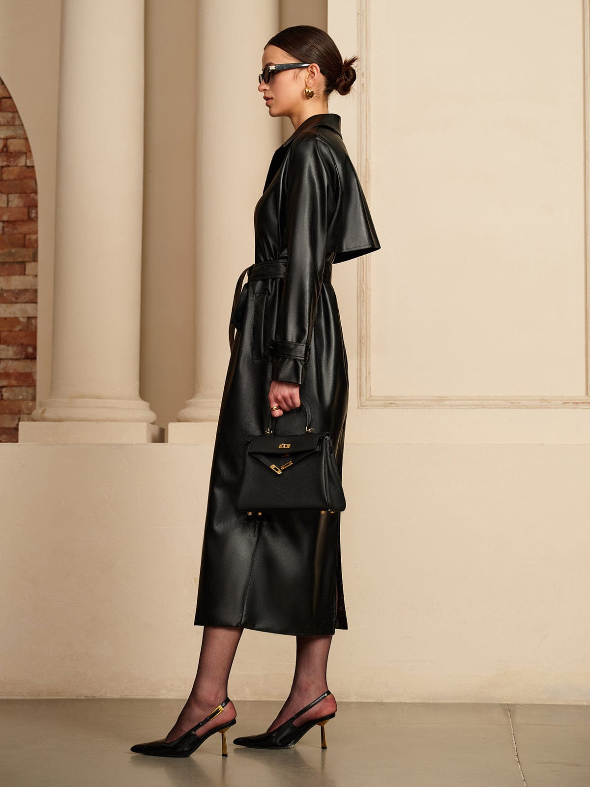 Leather Trench Coat for Women | Belted Button-Front Black