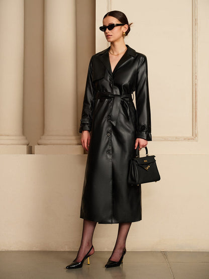 Leather Trench Coat for Women | Belted Button-Front Black