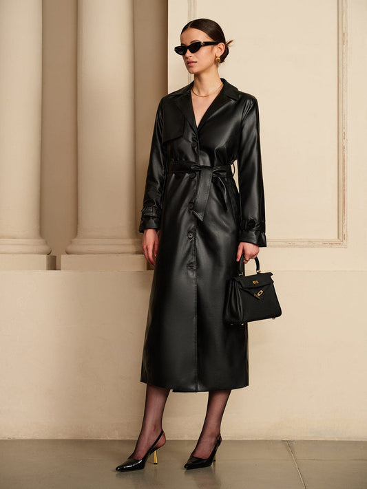 Leather Trench Coat for Women | Belted Button-Front Black