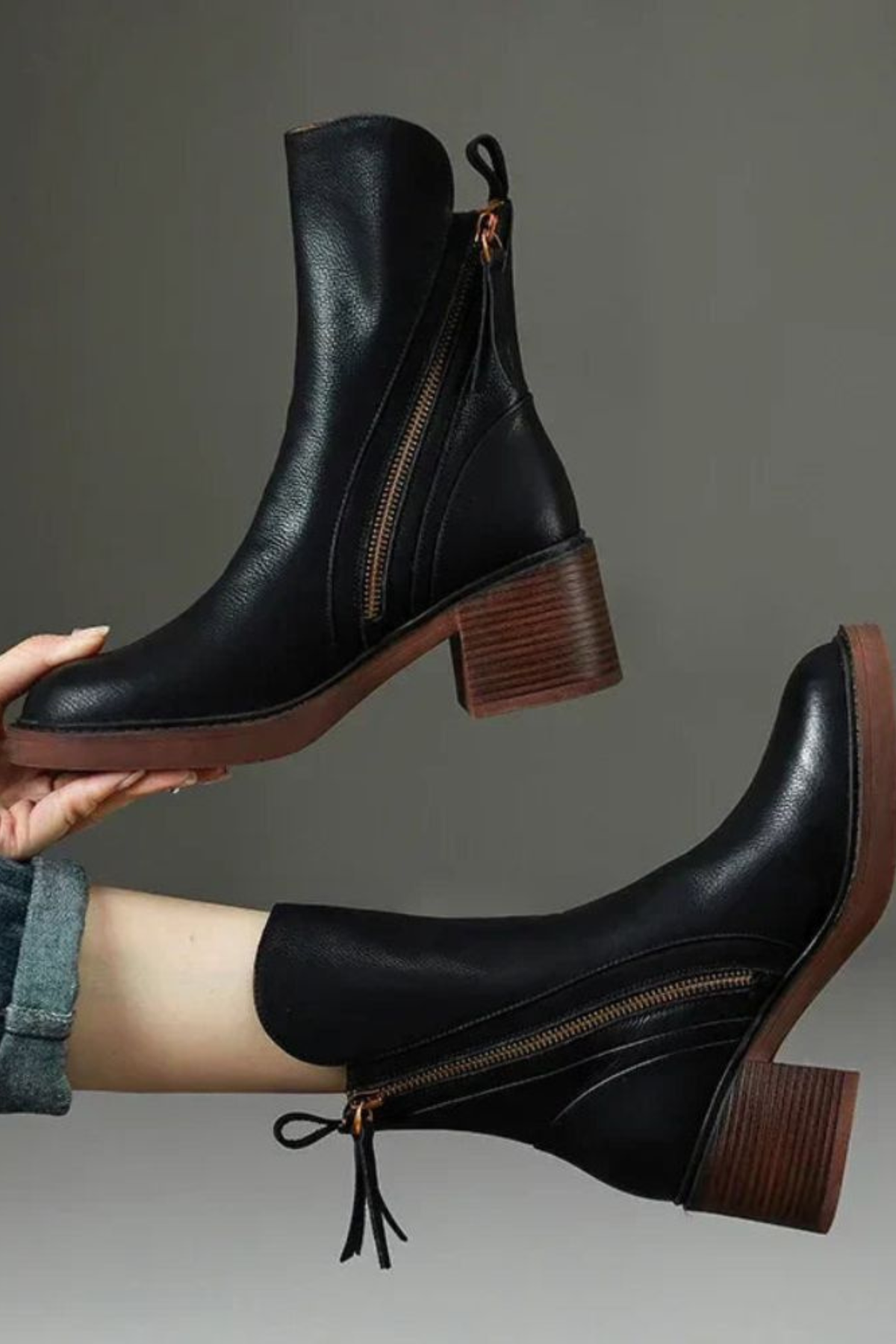 Ivy | Black Leather Ankle Boots with Block Heel and Gold Zip