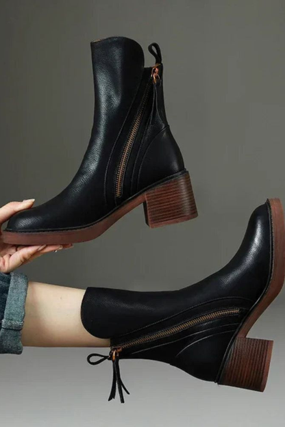 Ivy | Black Leather Ankle Boots with Block Heel and Gold Zip