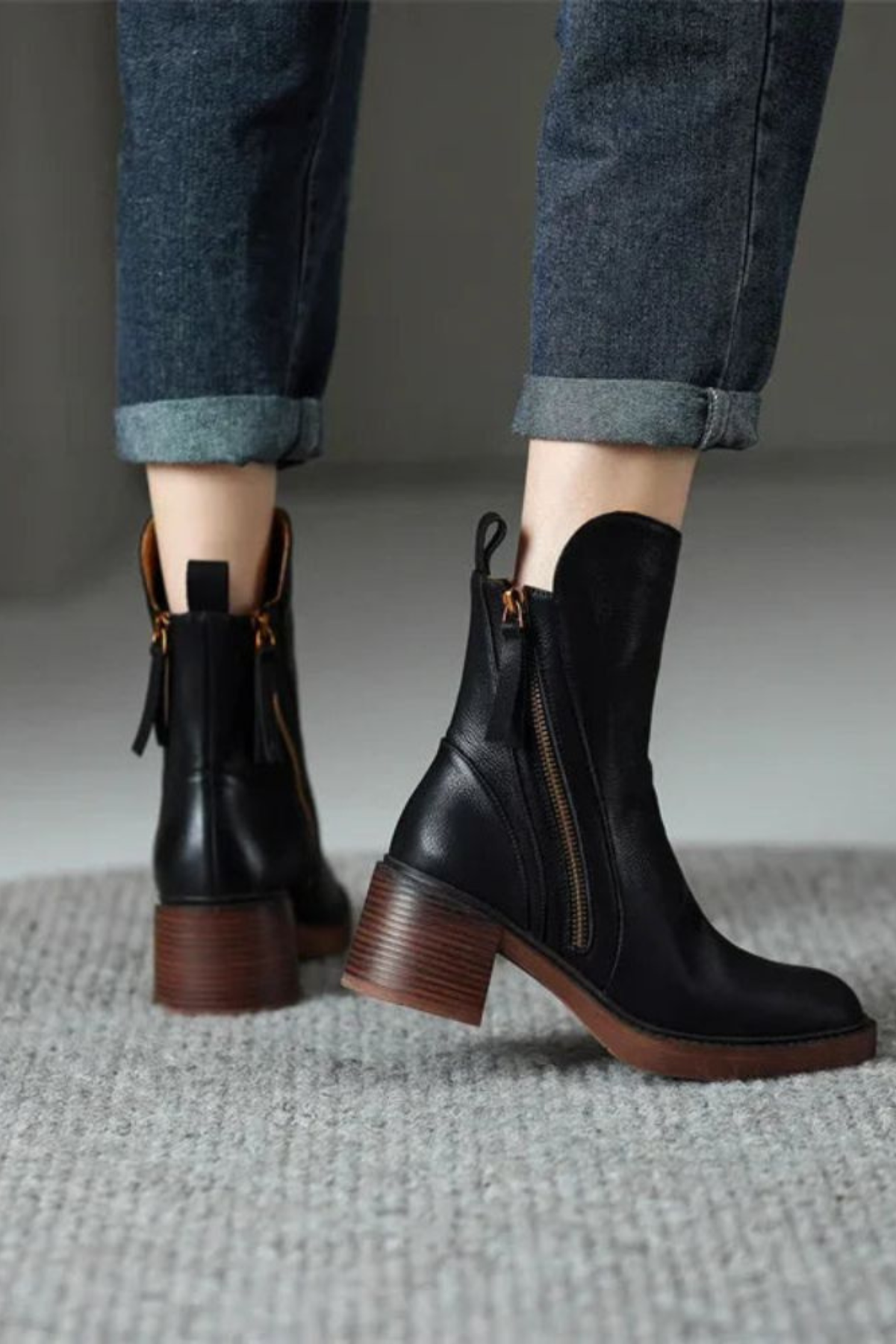 Ivy | Black Leather Ankle Boots with Block Heel and Gold Zip