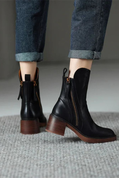 Ivy | Black Leather Ankle Boots with Block Heel and Gold Zip