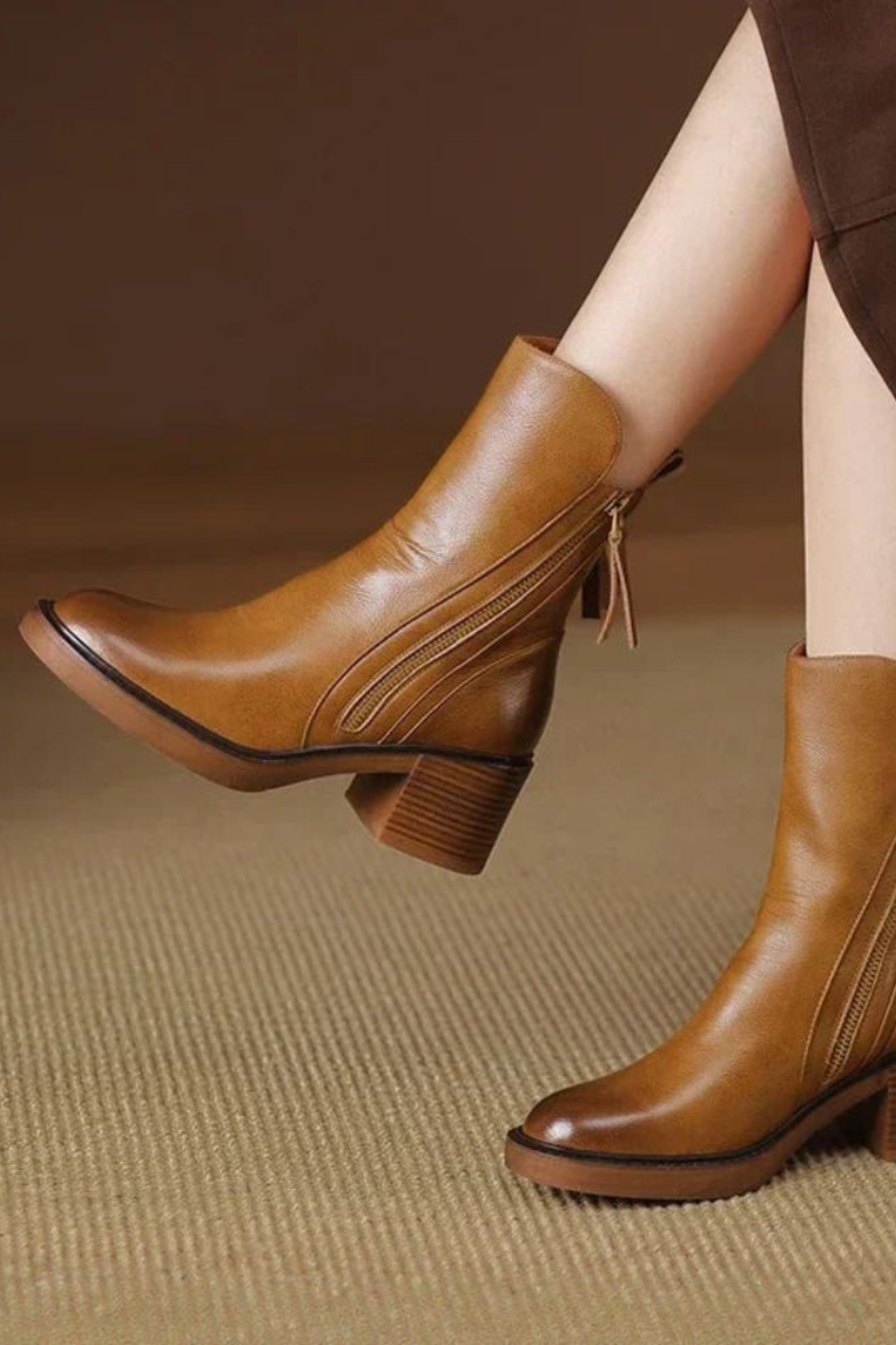 Ivy | Black Leather Ankle Boots with Block Heel and Gold Zip