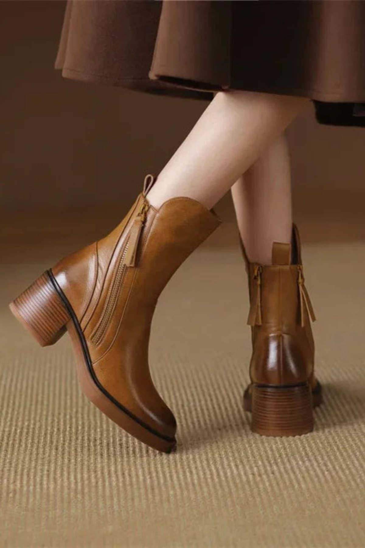Ivy | Black Leather Ankle Boots with Block Heel and Gold Zip