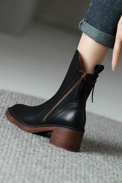 Ivy | Black Leather Ankle Boots with Block Heel and Gold Zip