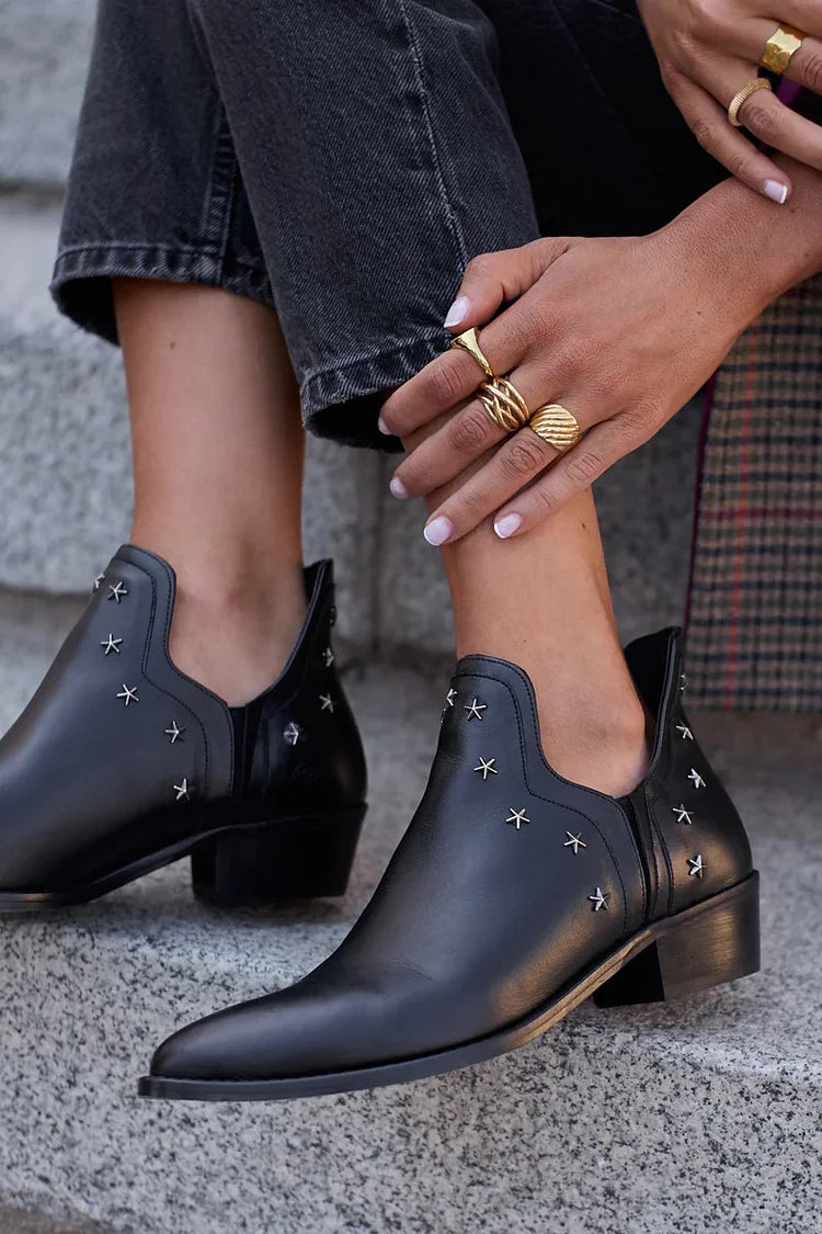 Zara | Black Leather Ankle Boots with Star Stud Detail and Block Heel