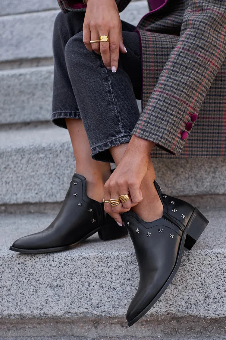 Zara | Black Leather Ankle Boots with Star Stud Detail and Block Heel