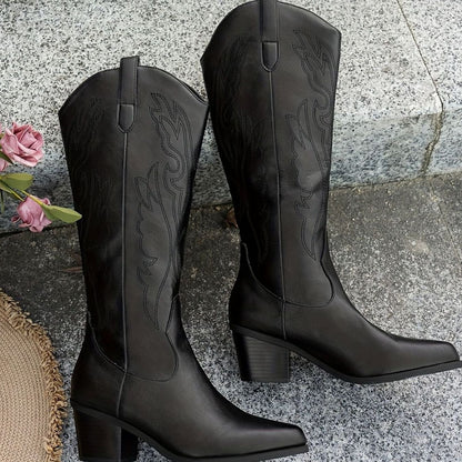 Josephine | Black Leather Knee High Cowboy Boots in Western Style