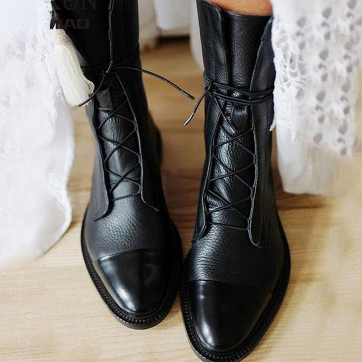 Chloe | Black Leather Lace-Up Ankle Boots with Cap Toe
