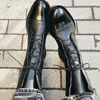 Chloe | Black Leather Lace-Up Ankle Boots with Cap Toe