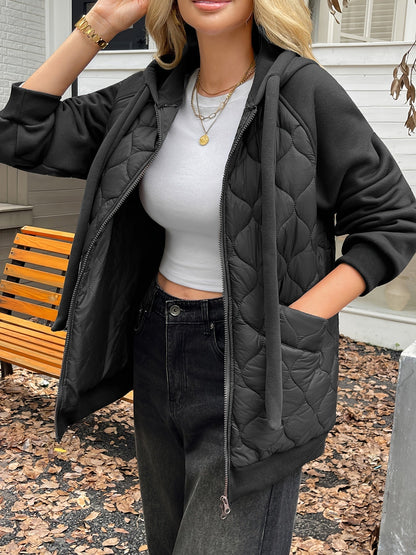 Lauren | Black Quilted Hooded Puffer Jacket with Fleece Sleeves