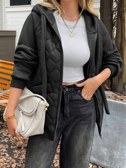 Lauren | Black Quilted Hooded Puffer Jacket with Fleece Sleeves