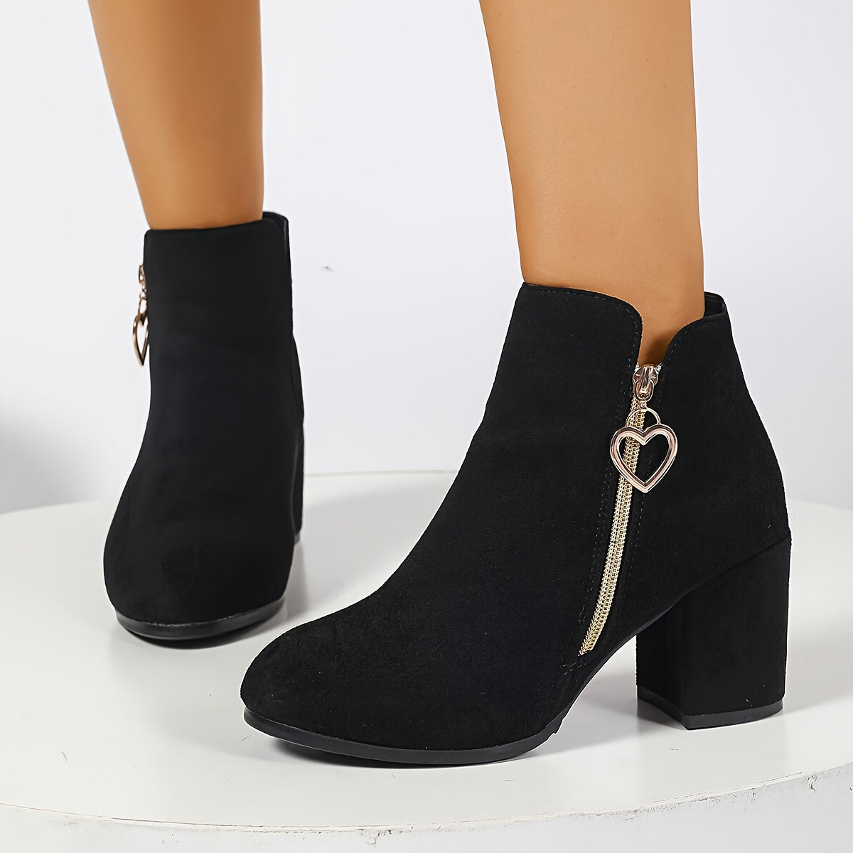 Hedda | Black Faux Suede Block Heel Ankle Boots with Gold Heart Zip