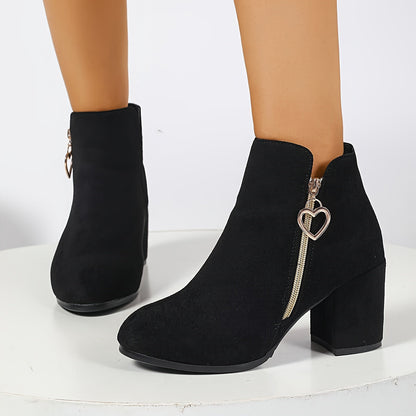 Hedda | Black Faux Suede Block Heel Ankle Boots with Gold Heart Zip