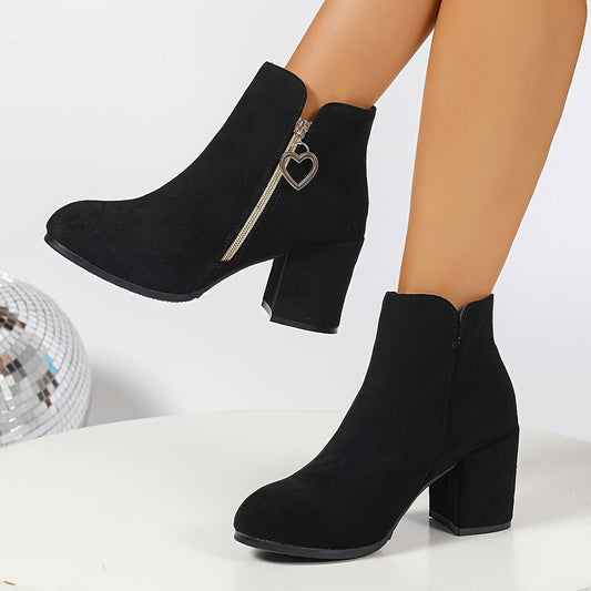 Hedda | Black Faux Suede Block Heel Ankle Boots with Gold Heart Zip