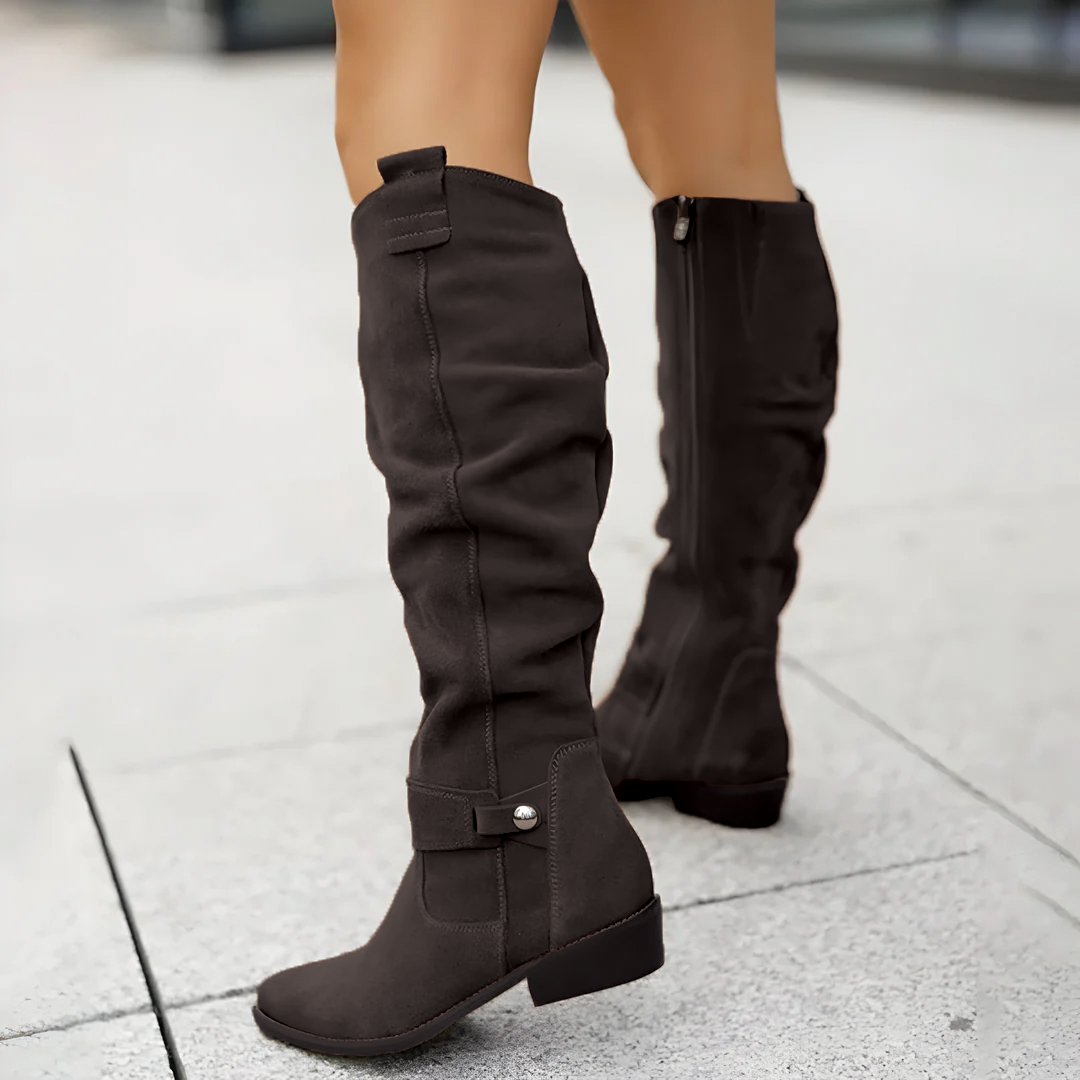 Florence | Suede Slouch Ankle Strap Block Heel Knee High Boots