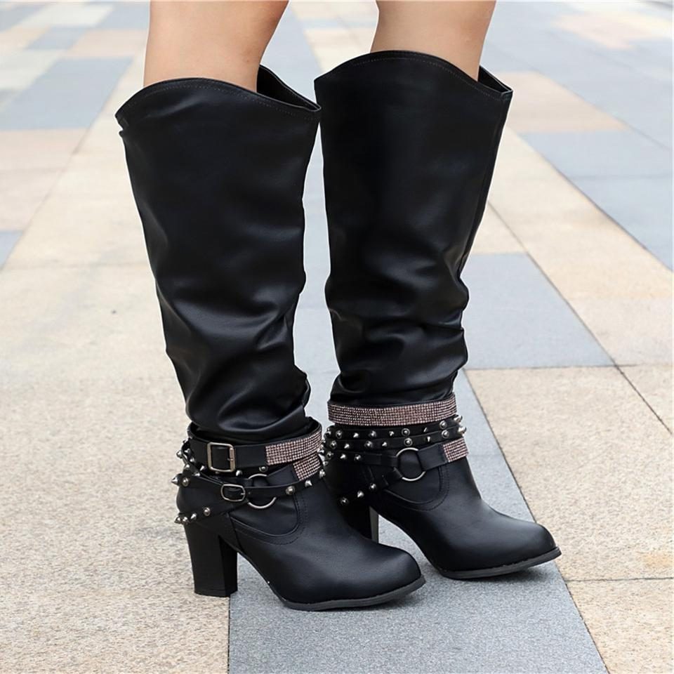 Lucy | Block Heel Leather Knee High Boots with Studded Straps