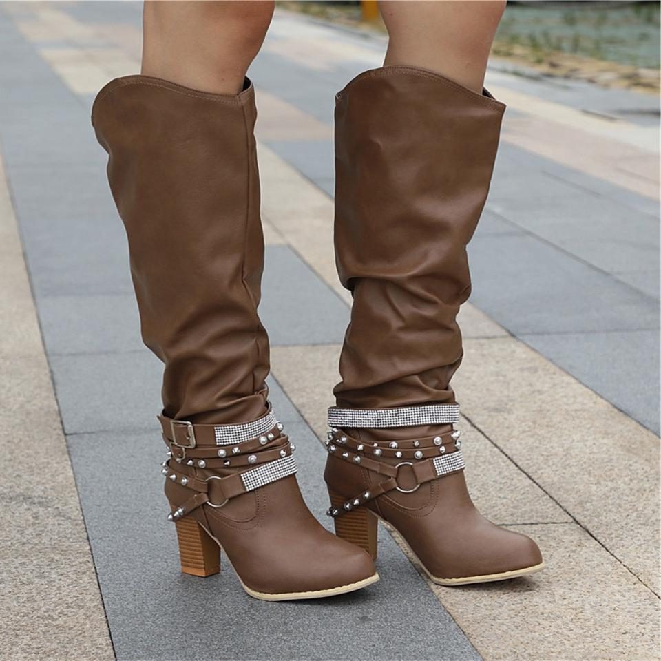 Lucy | Block Heel Leather Knee High Boots with Studded Straps