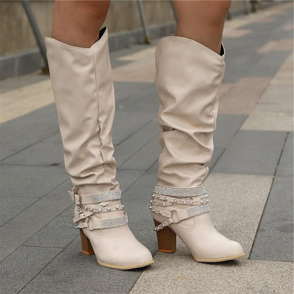 Lucy | Block Heel Leather Knee High Boots with Studded Straps