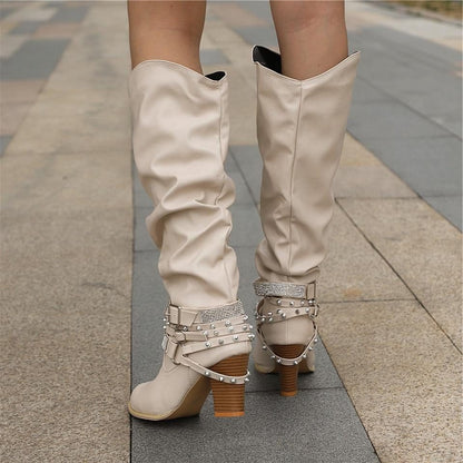 Lucy | Block Heel Leather Knee High Boots with Studded Straps
