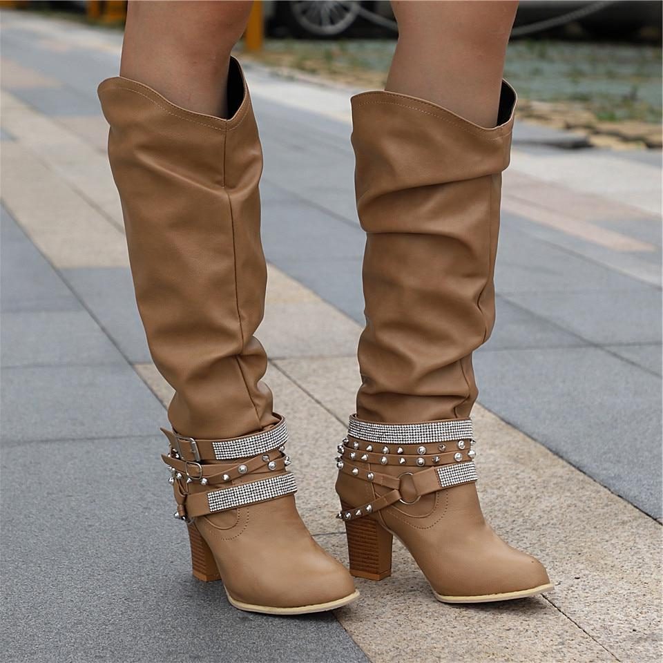 Lucy | Block Heel Leather Knee High Boots with Studded Straps