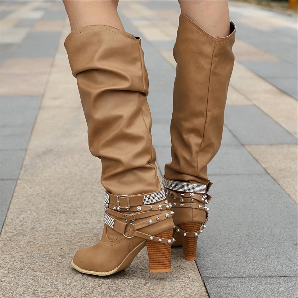 Lucy | Block Heel Leather Knee High Boots with Studded Straps