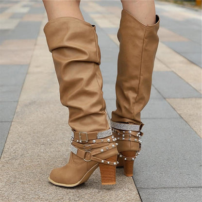 Lucy | Block Heel Leather Knee High Boots with Studded Straps