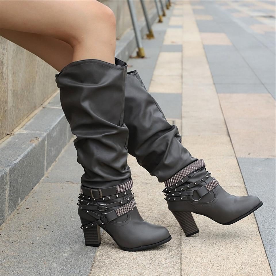 Lucy | Block Heel Leather Knee High Boots with Studded Straps