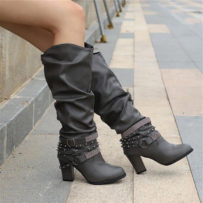 Lucy | Block Heel Leather Knee High Boots with Studded Straps