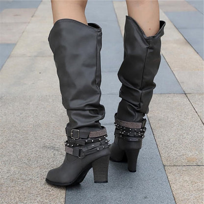 Lucy | Block Heel Leather Knee High Boots with Studded Straps
