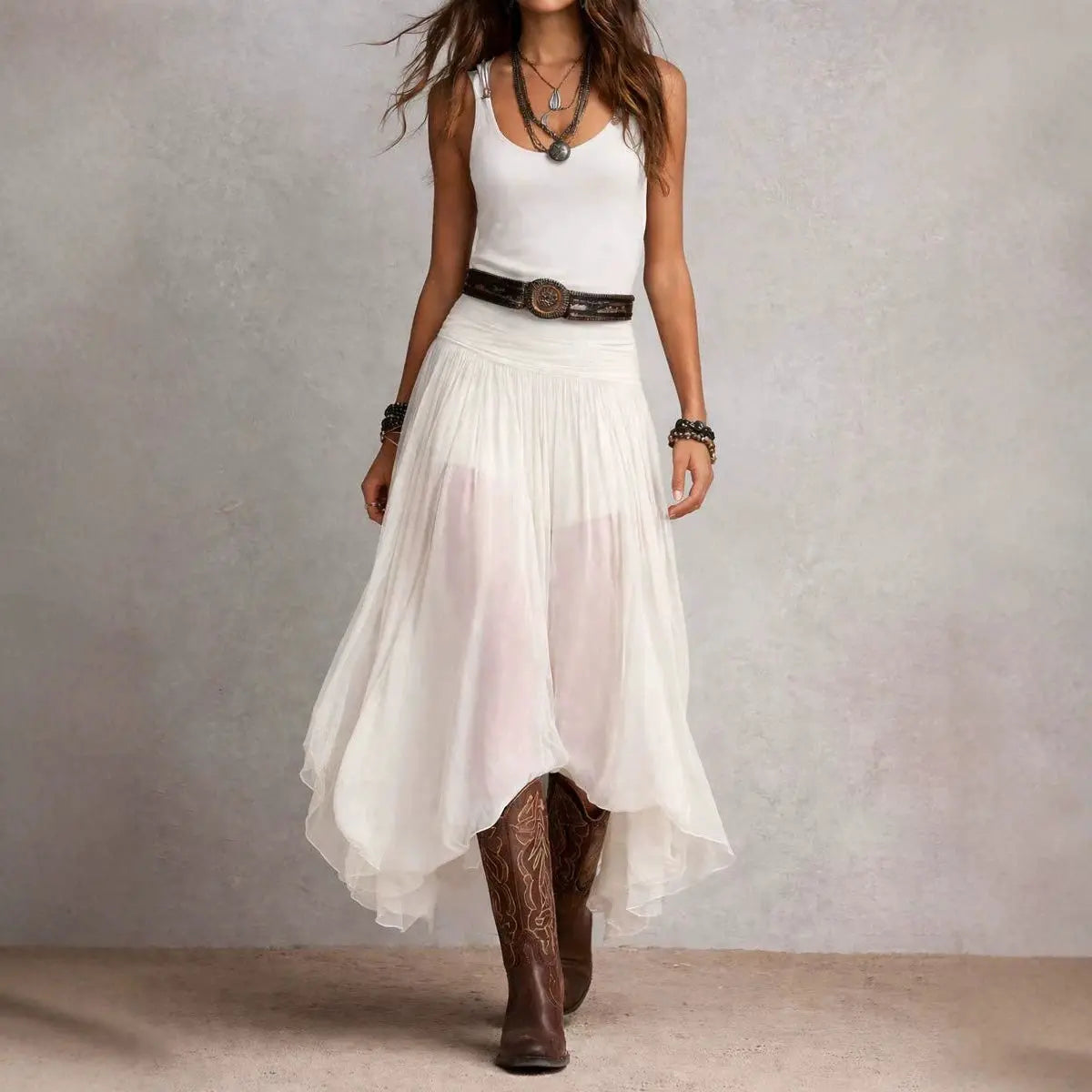 Oriel | Boho Ruched Waist Midi Dress with Asymmetric Hem
