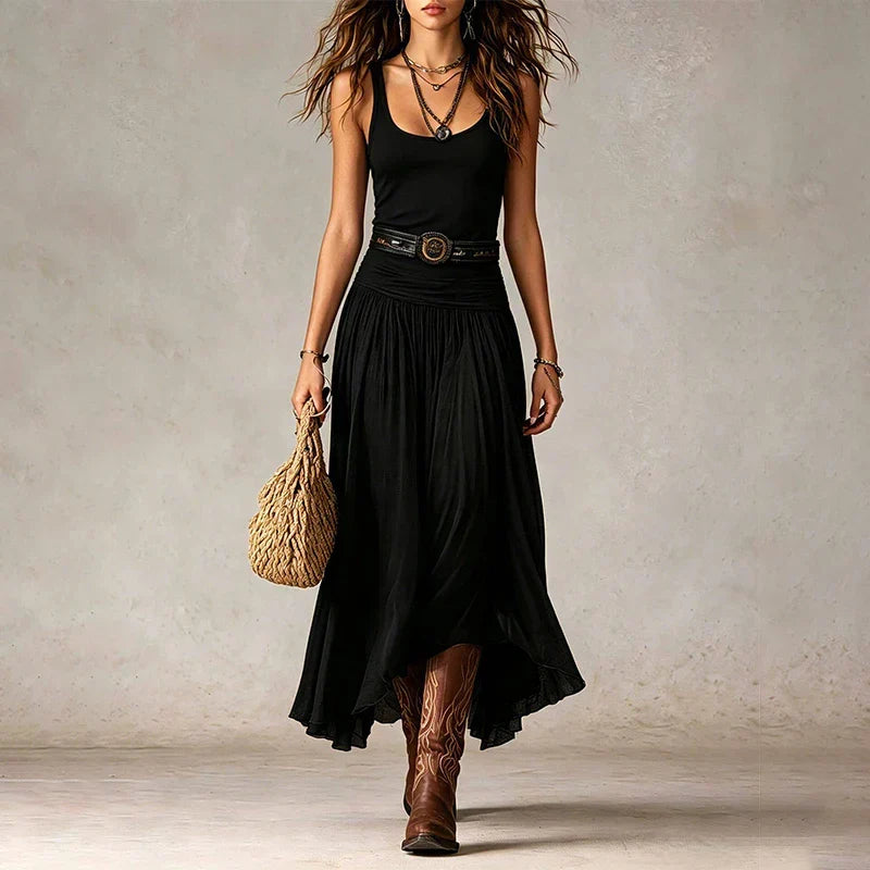 Oriel | Boho Ruched Waist Midi Dress with Asymmetric Hem