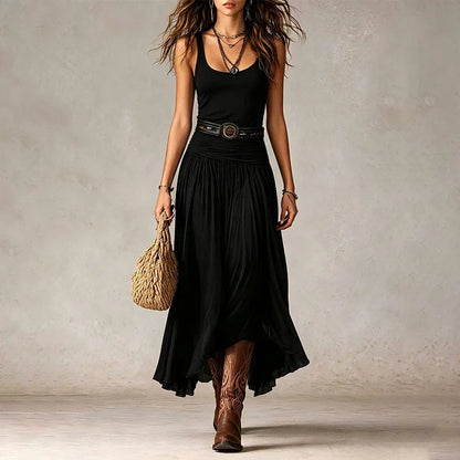 Oriel | Boho Ruched Waist Midi Dress with Asymmetric Hem