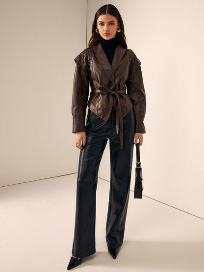 Leather Jacket for Women | Belted Lace-Up Hood Brown