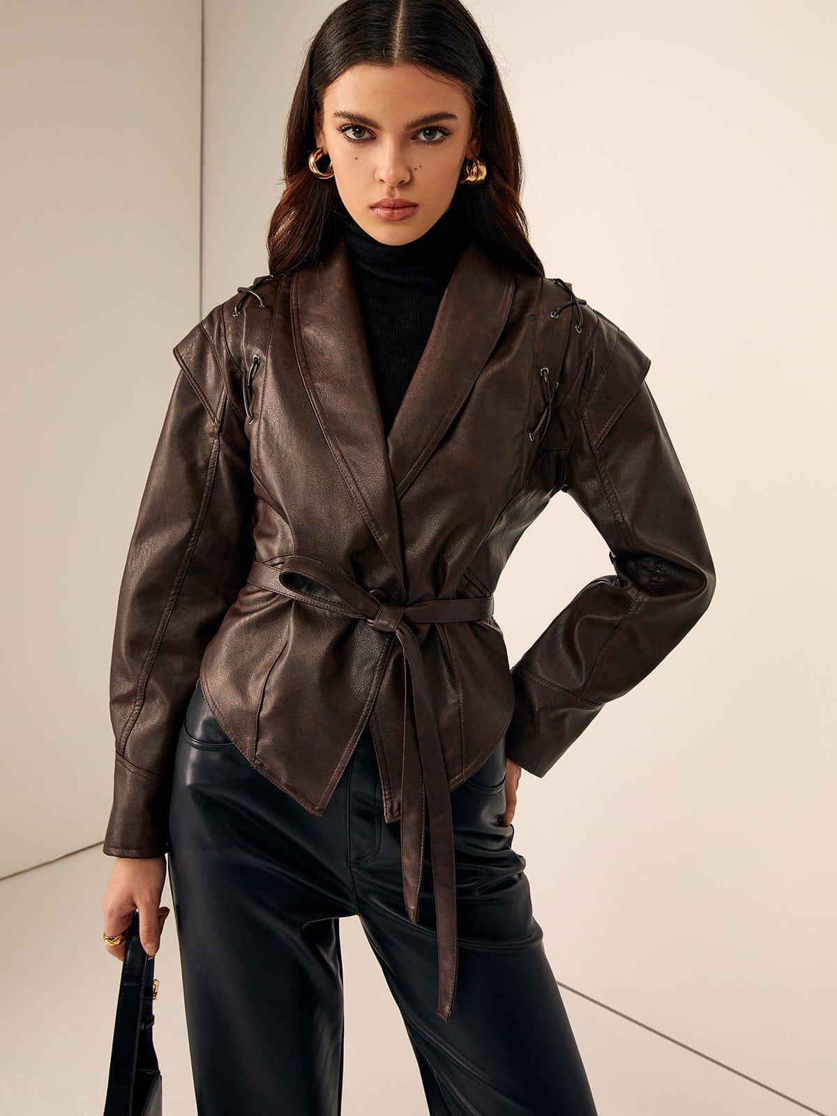 Leather Jacket for Women | Belted Lace-Up Hood Brown