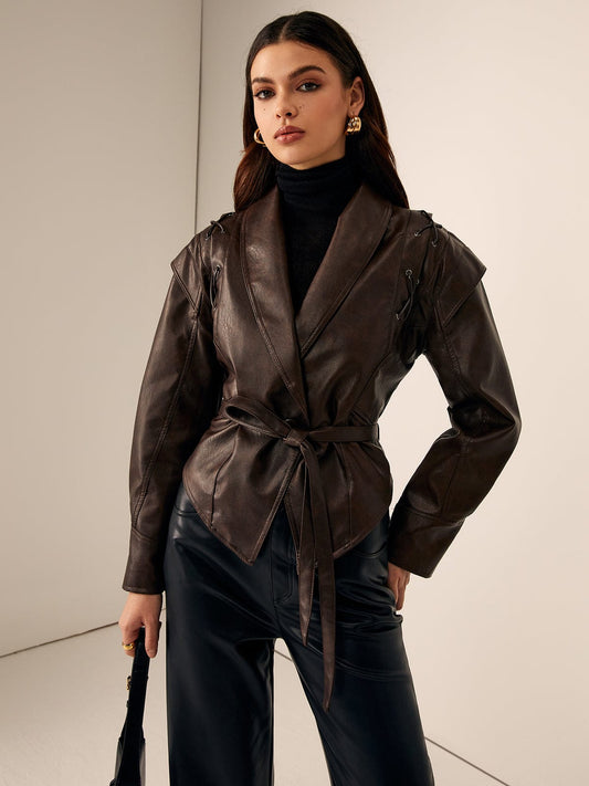 Leather Jacket for Women | Belted Lace-Up Hood Brown