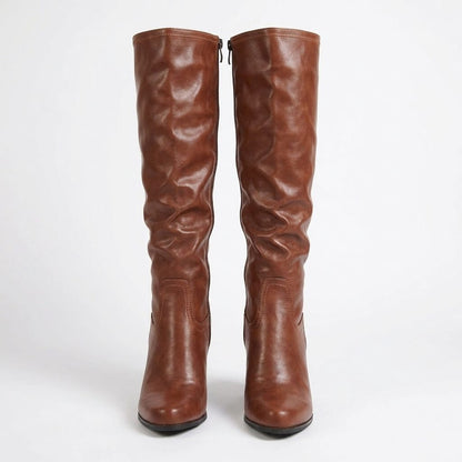 Grace | Brown Heeled Leather Knee High Boots with Block Heel