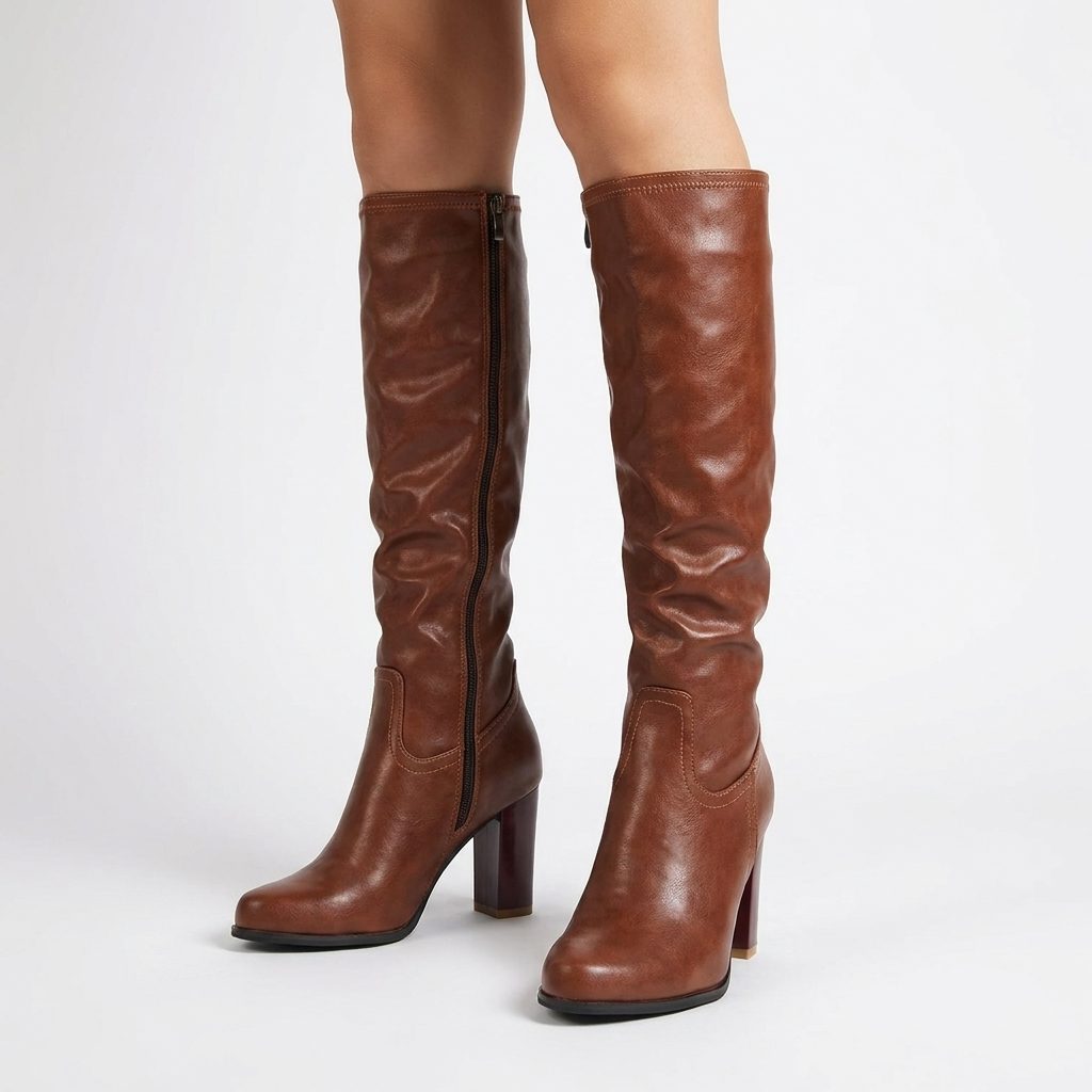 Grace | Brown Heeled Leather Knee High Boots with Block Heel