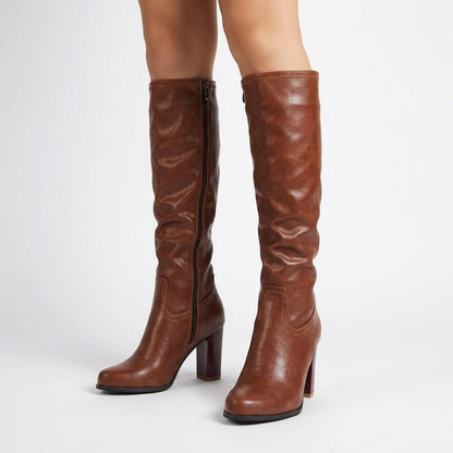 Grace | Brown Heeled Leather Knee High Boots with Block Heel