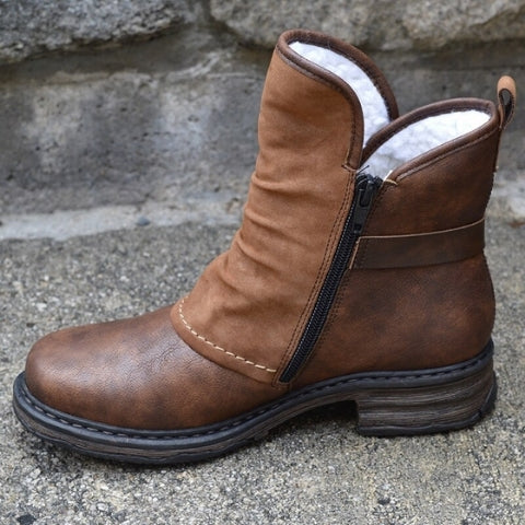 Matilda | Brown Leather Ankle Boots with Fleece Lining and Buckle Strap