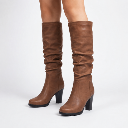 Davina | Brown Chunky Block Heel Faux Leather Knee High Boots