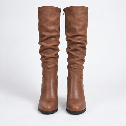 Davina | Brown Chunky Block Heel Faux Leather Knee High Boots