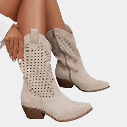 Montclair | Perforated Mid-Calf Cowboy Chelsea Boots with Block Heel