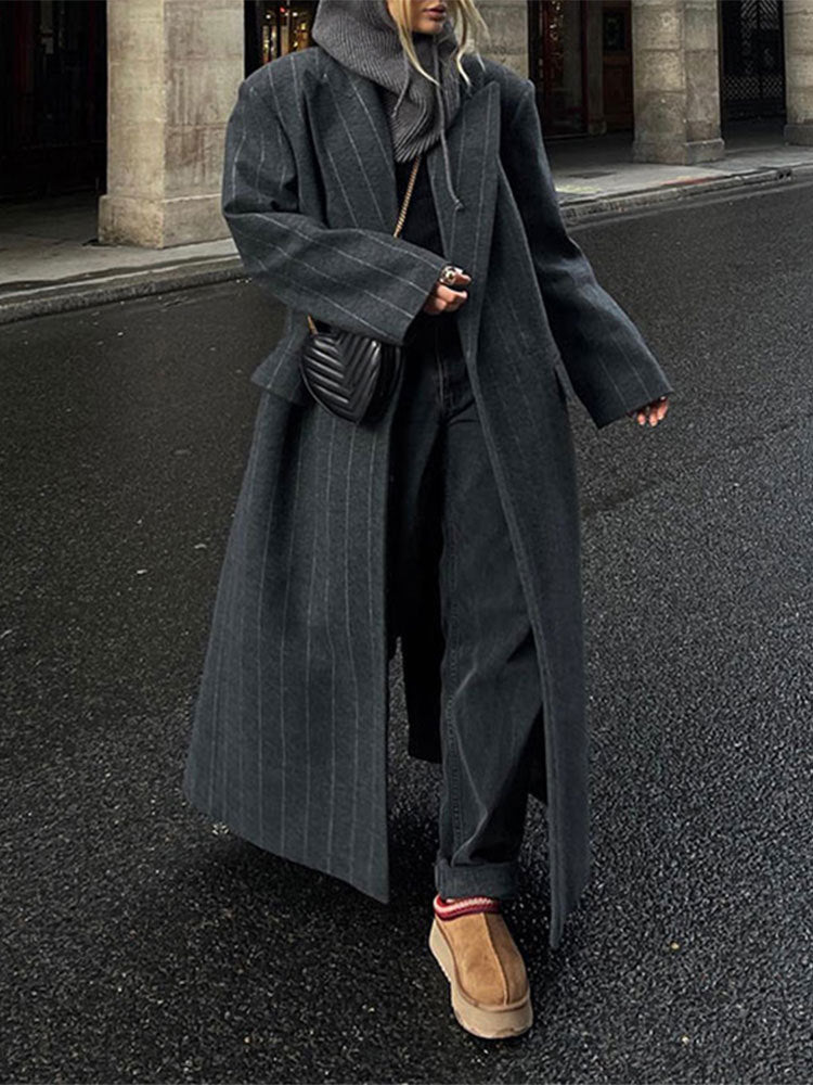 Rosamund | Dark Grey Pinstripe Oversized Longline Belted Coat