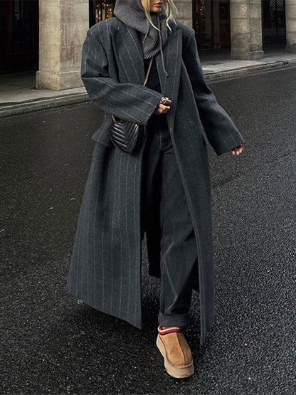 Rosamund | Dark Grey Pinstripe Oversized Longline Belted Coat
