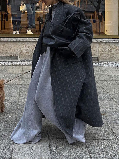 Rosamund | Dark Grey Pinstripe Oversized Longline Belted Coat