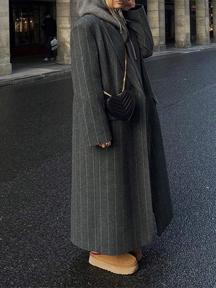 Rosamund | Dark Grey Pinstripe Oversized Longline Belted Coat