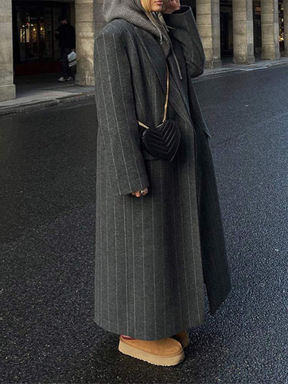 Rosamund | Dark Grey Pinstripe Oversized Longline Belted Coat