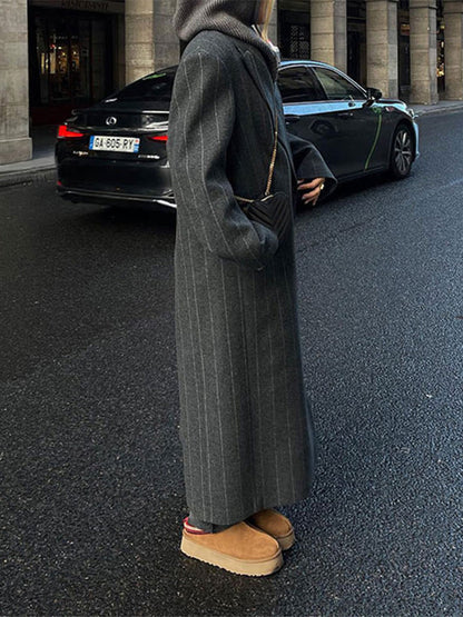 Rosamund | Dark Grey Pinstripe Oversized Longline Belted Coat